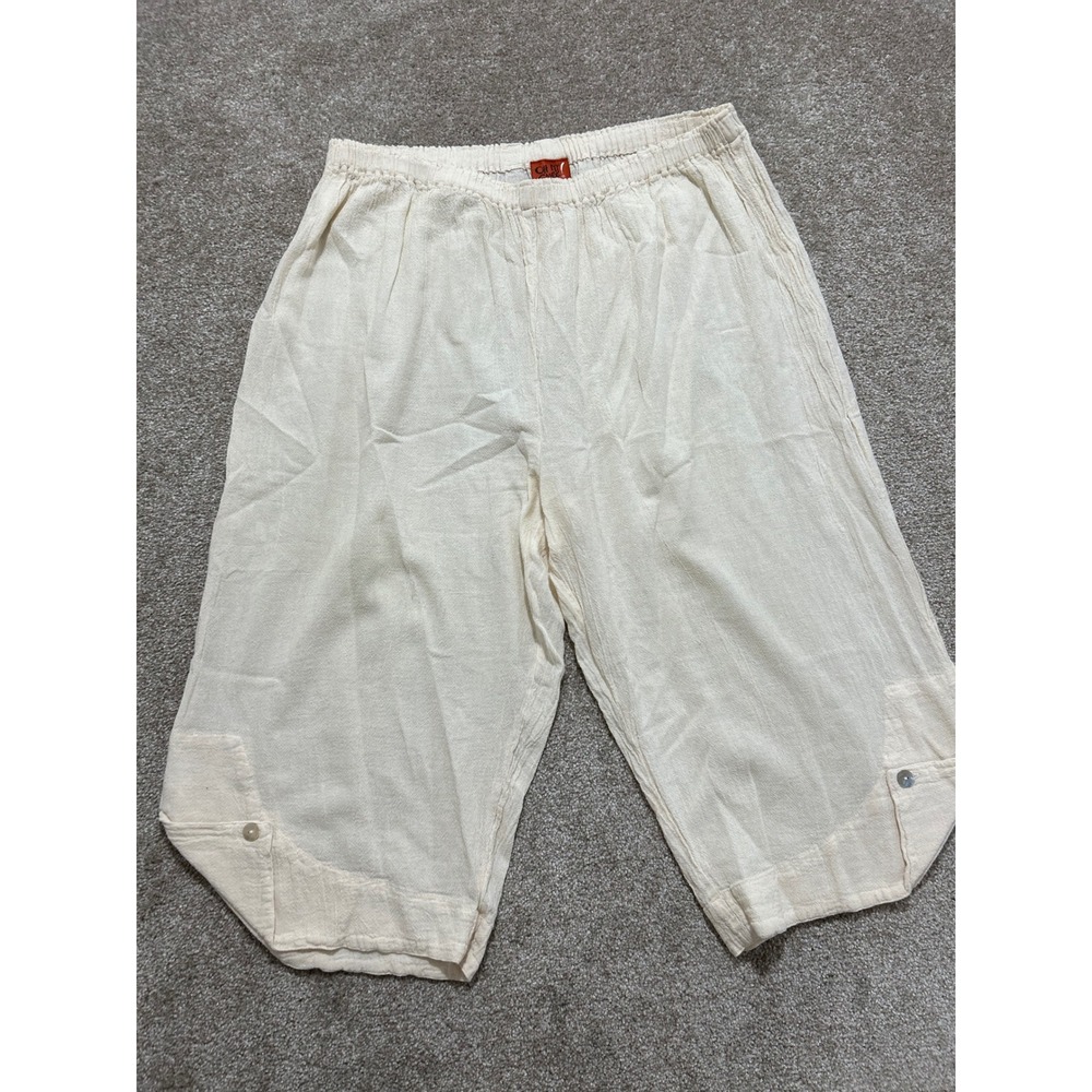 Oh My Gauze Cotton Cream Wide Leg Cropped Pants Button Hem Size 3 XXL Boho‎